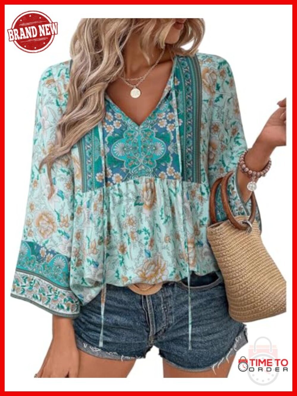 Floral V-Neck Tie Front 3/4 Sleeve Blouse Bohemian Tunic Top